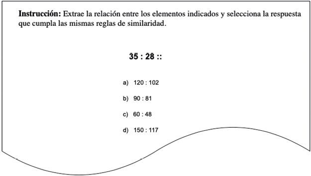 Ejemplo de &iacute;tem para relaciones l&oacute;gicas: dimensi&oacute;n analog&iacute;as cuantitativas (proporciones).