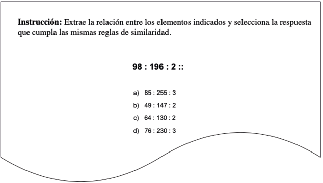 Ejemplo de ítem para relaciones lógicas: dimensión analogías cuantitativas (tripartita).